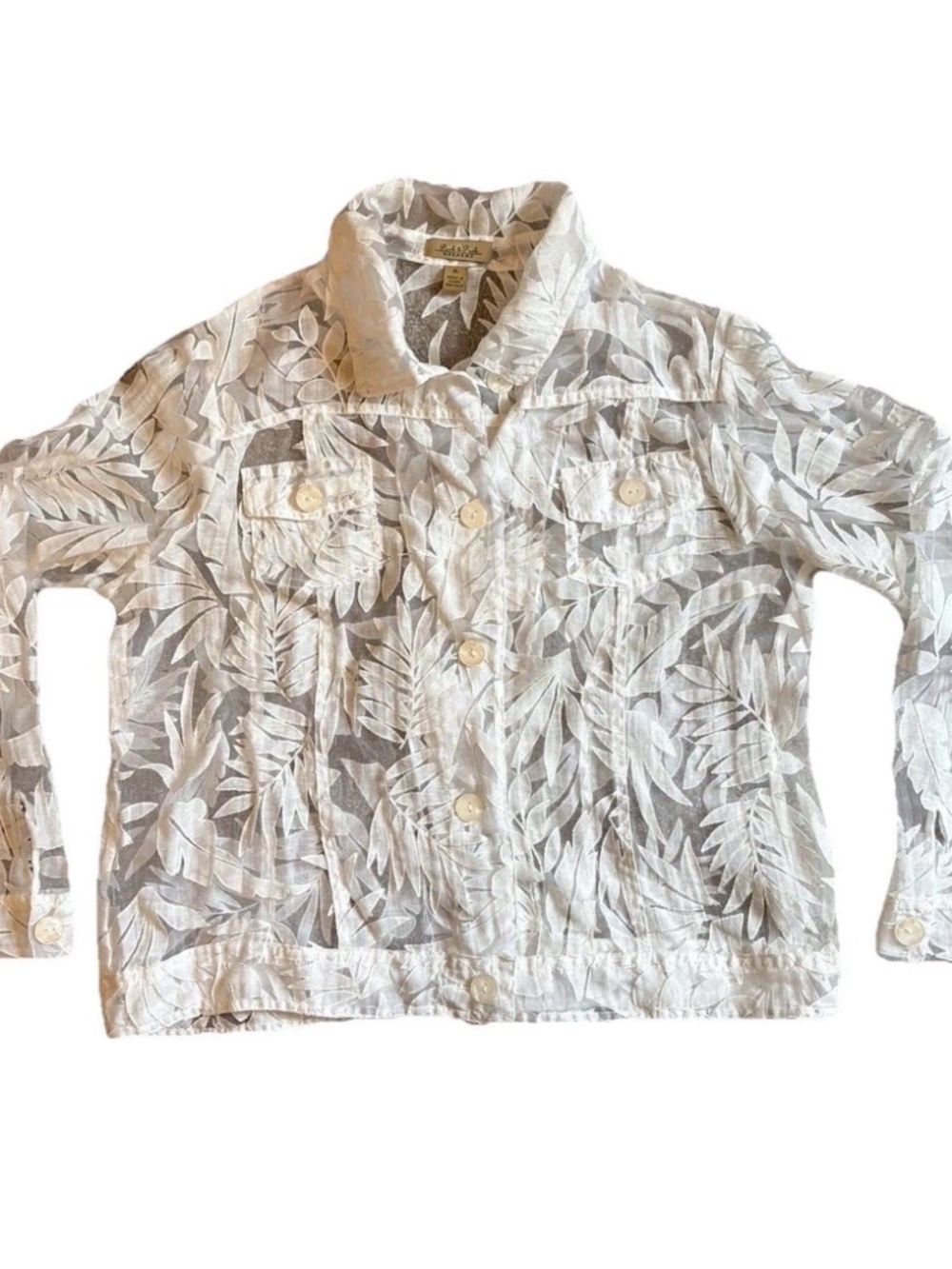 Peck & Peck Weekend Sheer Jacket Womens XL White Button Up Textured Leaf Pattern